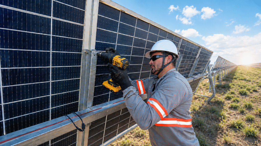 técnico em energia solar realizando manutenção de vícios ocultos em usinas solares