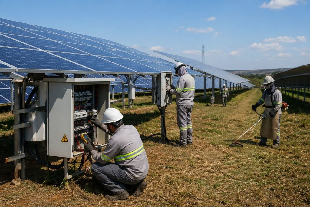 profissionais usando itens de segurança para manutenção de usina fotovoltaica