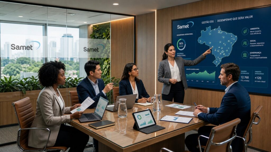 Equipe em escritório em meio a uma reunião, no fundo há um quadro com dados de ESG na operação de energia solar